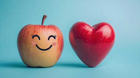 An apple with a happy face next to a human heart model on a blue background, illustrating the importance of nutrition in maintaining cardiovascular health.の素材