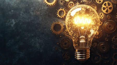 A bright light bulb shines with intricate cogwheel gears in the background, illustrating the intersection of creativity and mechanical precision, with space for text.の素材