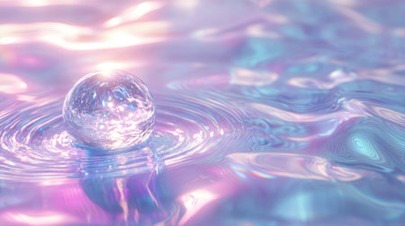 An iridescent sphere gently touches the surface of a liquid, creating ripples that spread outward. The scene captures the delicate interaction between light and water, with a clean background for focus.の素材