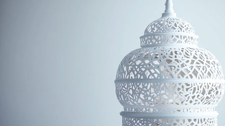 An all-white Arabic lantern with intricate designs, placed against a plain white background. The simple, yet elegant aesthetic is ideal for contemporary or cultural design concepts.の素材
