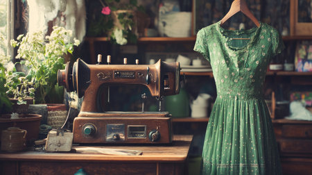 A vintage sewing machine set in a cozy interior, next to a green dress, evoking nostalgia and craftsmanship. Perfect for home workshop themes or textile design.の素材