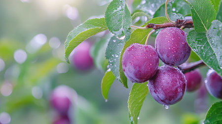 A branch full of ripe, purple plums on a plum tree, with water droplets sparkling on the fruit. The green leaves and blurred background create a fresh, vibrant scene.の素材