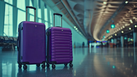 Two purple suitcases side by side in a quiet airport hall, representing the start of a travel adventure. The striking color contrasts with the minimalistic airport surroundings.の素材