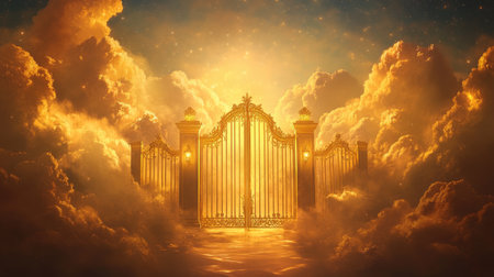 An illustration of golden gates, set in the middle of a cloud-filled sky, representing the concept of heaven and eternal peace. The glowing light adds a divine and serene atmosphere.の素材