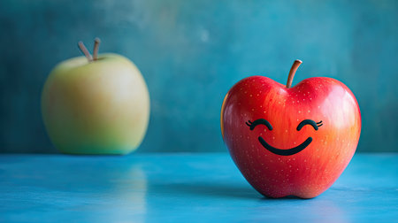 An apple with a happy face next to a human heart model on a blue background, illustrating the importance of nutrition in maintaining cardiovascular health.の素材