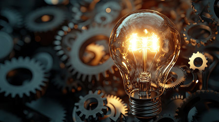 Light bulb glowing brightly, surrounded by gears, depicting the synergy between creativity and engineering. Ideal for backgrounds focusing on problem-solving and innovation.の素材