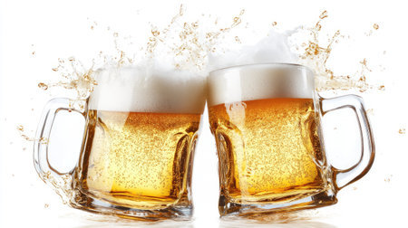 A lively scene of two beer mugs toasting, creating a splash of foam and beer, set against a clean white background, ideal for party or pub-themed promotionsの素材