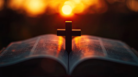 A wooden cross silhouette nestled between the pages of an open book, set against a stunning sunset backdrop. The image conveys themes of faith, spirituality, and the power of the written word.の素材