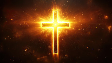 A bright, glowing cross set against a dark background, symbolizing the light of Jesus Christ. The image captures the essence of Christian faith and the belief in salvation and forgiveness.の素材