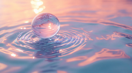 An iridescent sphere gently touches the surface of a liquid, creating ripples that spread outward. The scene captures the delicate interaction between light and water, with a clean background for focus.の素材