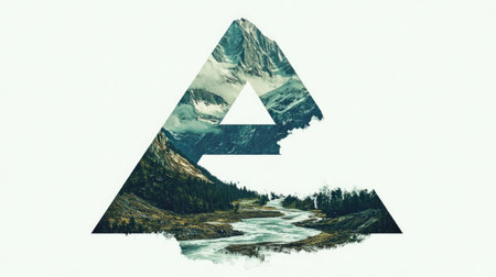 The letter "E" appears as a mountain with a flowing river cutting through its center, creating an illusion of a natural landscape, all set against a clean white background.の素材