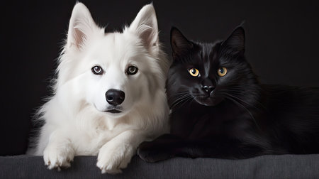 A friendly Icelandic Sheepdog and a relaxed black cat posing side by side in a close-up studio shot, capturing the bond between these two loving animal companions.の素材