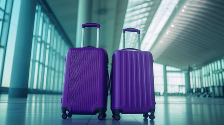 Two purple suitcases side by side in a quiet airport hall, representing the start of a travel adventure. The striking color contrasts with the minimalistic airport surroundings.の素材