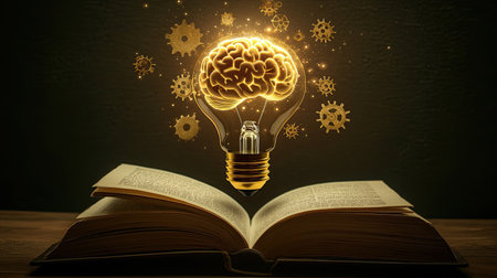 An innovative design featuring a light bulb with a brain and cogwheels, illuminating an open book below. The image captures the essence of education, creativity, and invention.の素材