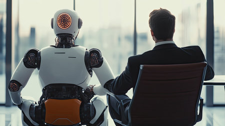 A rearview shot of a businessman and a robot sitting together in a high-tech office, symbolizing the growing influence of artificial intelligence in the workplace and the challenges of human employment.の素材