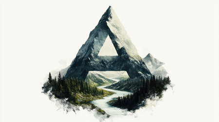 A stylized "A" takes the form of a towering mountain, with a winding river cutting through its middle, creating an optical illusion on a white backdrop.の素材