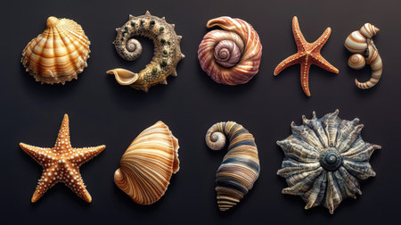 A detailed 3D icon set showcasing various marine creatures, including shells, snails, starfish, and sea horses, perfect for ocean-themed designs.の素材