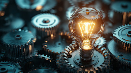 Radiant light bulb in the center of spinning cogwheels, highlighting the fusion of creative ideas and mechanical processes, with a clean and minimal design.の素材