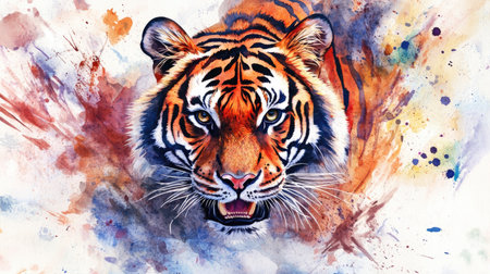 Watercolor tiger illustration with bold, colorful strokes, embodying the wild and untamed nature of the jungle. Ideal for art prints, wallpapers, or nature-themed projectsの素材