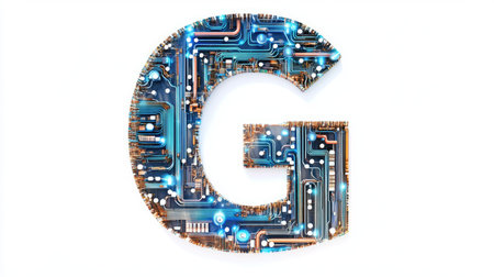 A large, bold letter "G" filled with intricate circuits and digital patterns, representing technology and innovation, set against a clean white background.の素材