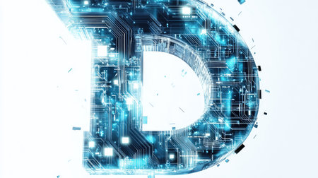 A large, bold letter "D" filled with intricate circuits and digital patterns, representing technology and innovation, set against a clean white background.の素材