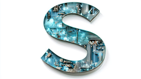 A large, bold letter "S" filled with intricate circuits and digital patterns, representing technology and innovation, set against a clean white background.の素材