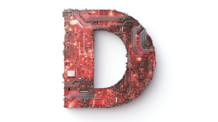 A large, bold letter "D" filled with intricate circuits and digital patterns, representing technology and innovation, set against a clean white background.の素材