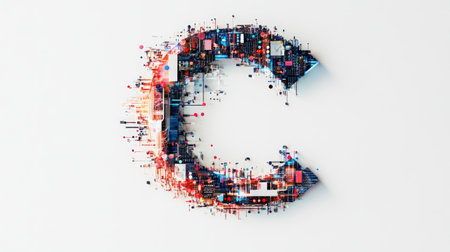 A large, bold letter "C" filled with intricate circuits and digital patterns, representing technology and innovation, set against a clean white background.の素材