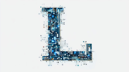 A large, bold letter "L" filled with intricate circuits and digital patterns, representing technology and innovation, set against a clean white background.の素材