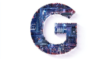 A large, bold letter "G" filled with intricate circuits and digital patterns, representing technology and innovation, set against a clean white background.の素材