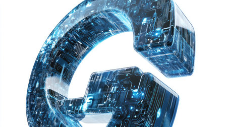 A large, bold letter "G" filled with intricate circuits and digital patterns, representing technology and innovation, set against a clean white background.の素材