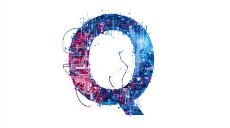 A large, bold letter "Q" filled with intricate circuits and digital patterns, representing technology and innovation, set against a clean white background.の素材