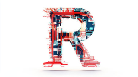 A large, bold letter "R" filled with intricate circuits and digital patterns, representing technology and innovation, set against a clean white background.の素材