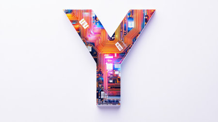 A large, bold letter "Y" filled with intricate circuits and digital patterns, representing technology and innovation, set against a clean white background.の素材