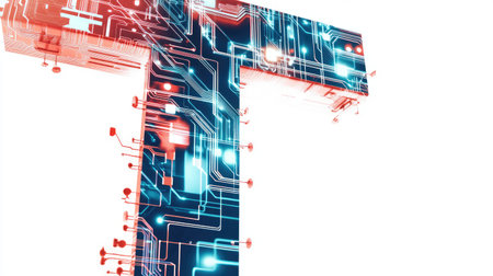 A large, bold letter "T" filled with intricate circuits and digital patterns, representing technology and innovation, set against a clean white background.の素材