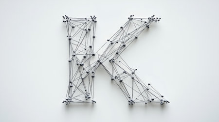 A sleek, modern "K" composed of tech-inspired lines and nodes, symbolizing progress and connectivity, displayed on a plain white background.の素材