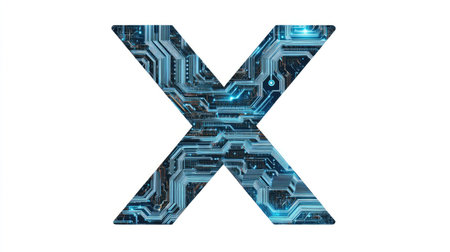 A large, bold letter "X" filled with intricate circuits and digital patterns, representing technology and innovation, set against a clean white background.の素材