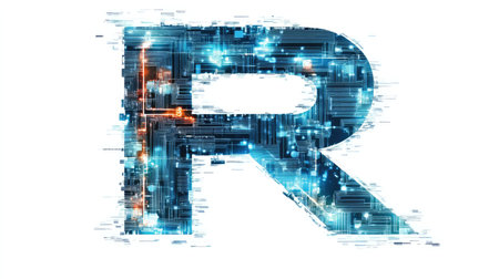 A large, bold letter "R" filled with intricate circuits and digital patterns, representing technology and innovation, set against a clean white background.の素材