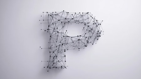 A sleek, modern "P" composed of tech-inspired lines and nodes, symbolizing progress and connectivity, displayed on a plain white background.の素材