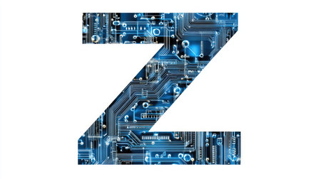 A large, bold letter "Z" filled with intricate circuits and digital patterns, representing technology and innovation, set against a clean white background.の素材