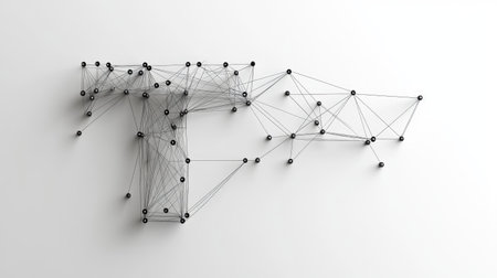 A sleek, modern "T" composed of tech-inspired lines and nodes, symbolizing progress and connectivity, displayed on a plain white background.の素材
