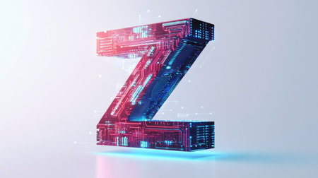 The letter "Z" designed with futuristic technology elements, such as microchips and digital grids, standing out on a minimalist white background.の素材