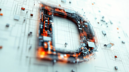 The letter "D" designed with futuristic technology elements, such as microchips and digital grids, standing out on a minimalist white background.の素材