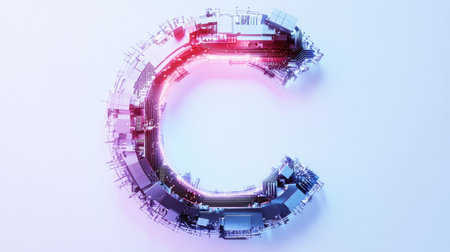 The letter "C" designed with futuristic technology elements, such as microchips and digital grids, standing out on a minimalist white background.の素材