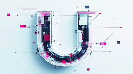 The letter "U" designed with futuristic technology elements, such as microchips and digital grids, standing out on a minimalist white background.の素材