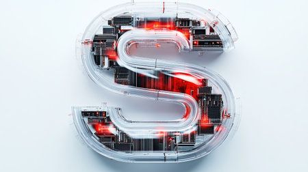 The letter "S" designed with futuristic technology elements, such as microchips and digital grids, standing out on a minimalist white background.の素材