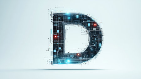 The letter "D" designed with futuristic technology elements, such as microchips and digital grids, standing out on a minimalist white background.の素材
