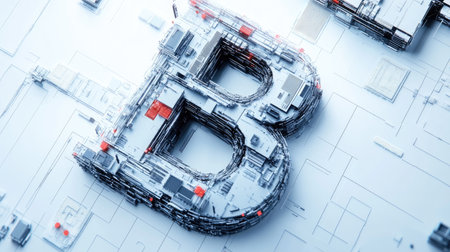 The letter "B" designed with futuristic technology elements, such as microchips and digital grids, standing out on a minimalist white background.の素材