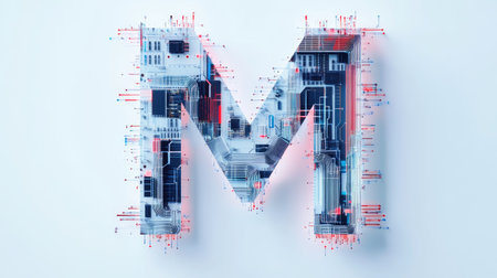 The letter "M" designed with futuristic technology elements, such as microchips and digital grids, standing out on a minimalist white background.の素材