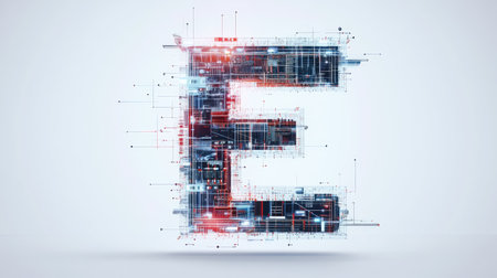 The letter "E" designed with futuristic technology elements, such as microchips and digital grids, standing out on a minimalist white background.の素材